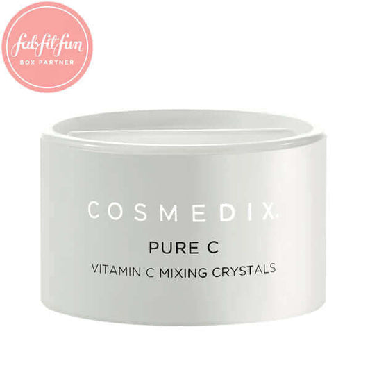 A jar of Pure C with Fabfitfun logo. It is an age-defying mixing powder and skincare booster that helps brighten and improve skin texture and tone.