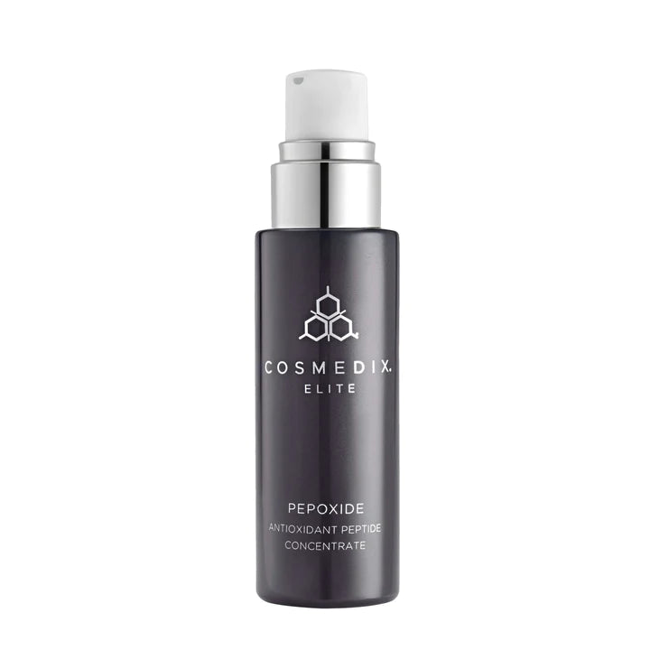 Pepoxide bottle with cap off, it has antioxidants and a powerhouse Peptide that dramatically helps improve the look of fine lines and wrinkles.