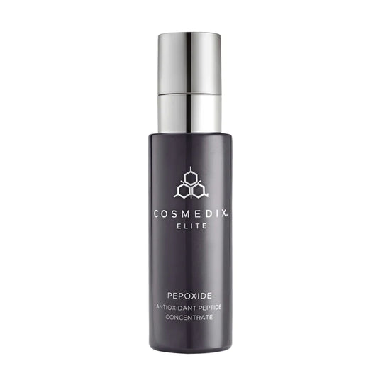 Pepoxide bottle with cap on, it has antioxidants and a powerhouse Peptide that dramatically helps improve the look of fine lines and wrinkles. 