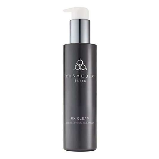 RX Clean bottle. It is an Exfoliating Cleanser with 10% L-Lactic Acid that removes oil, dirt and daily impurities for softer, even-looking skin tone and texture after a single use.