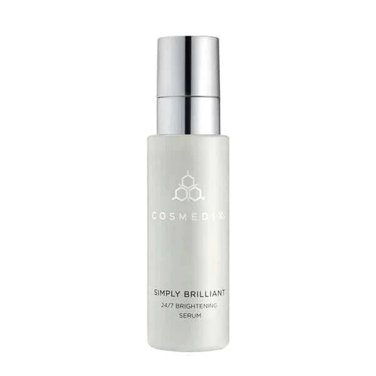 A bottle of Simply Brilliant serum that helps to even skin tone and brighten